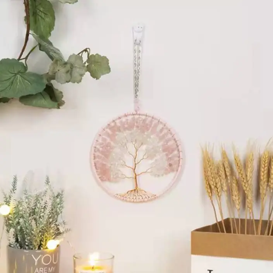 Beaded Tree of Life Dreams Catcher - Rose Quartz