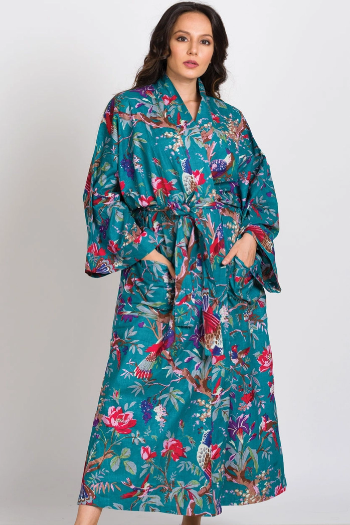 Kimono Robe - Teal & Rose