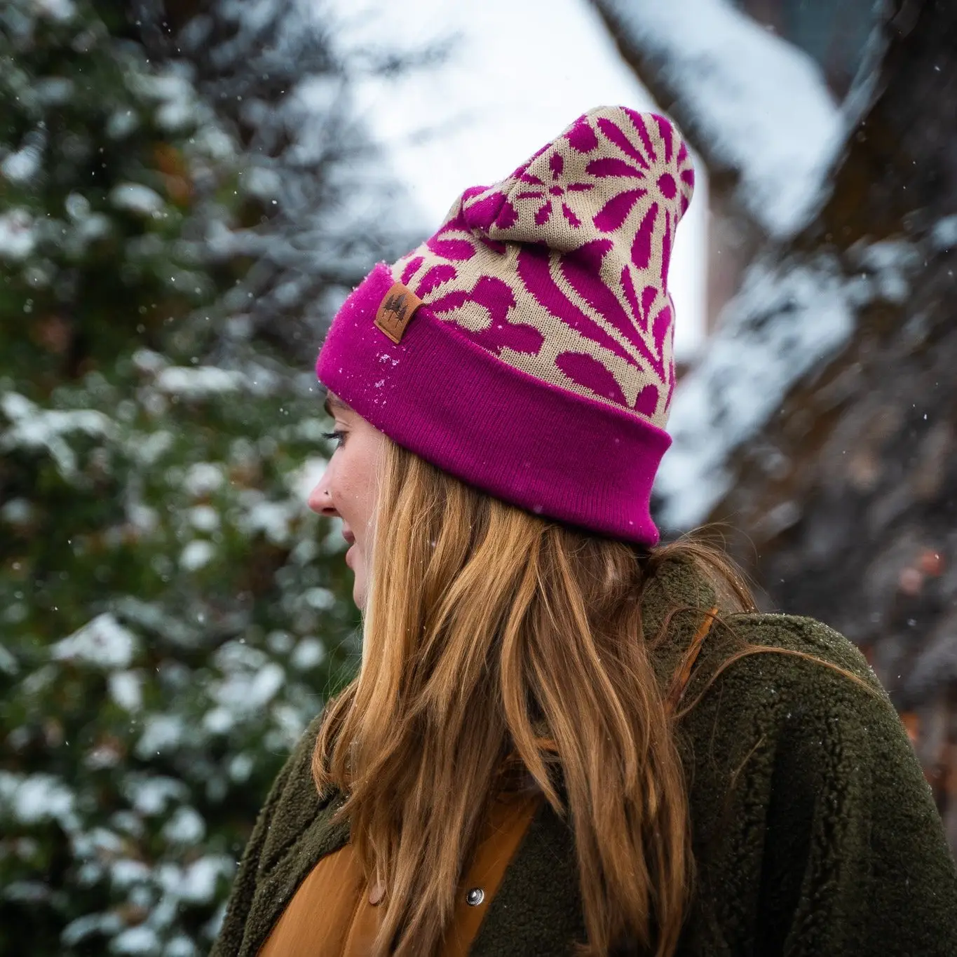 Floral Foldover Beanie - Magenta