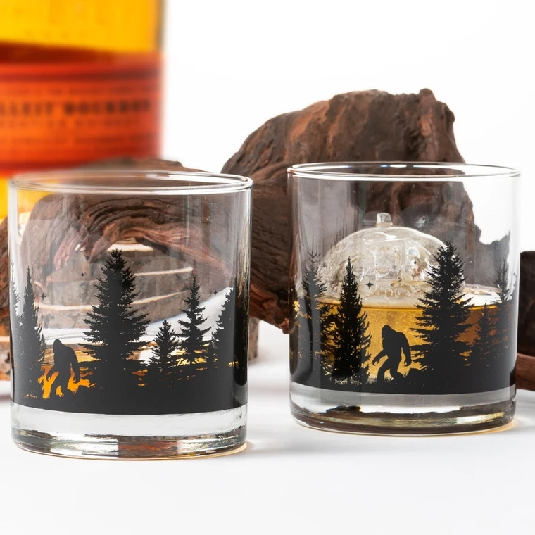 Bigfoot in the Forest Whiskey Glass