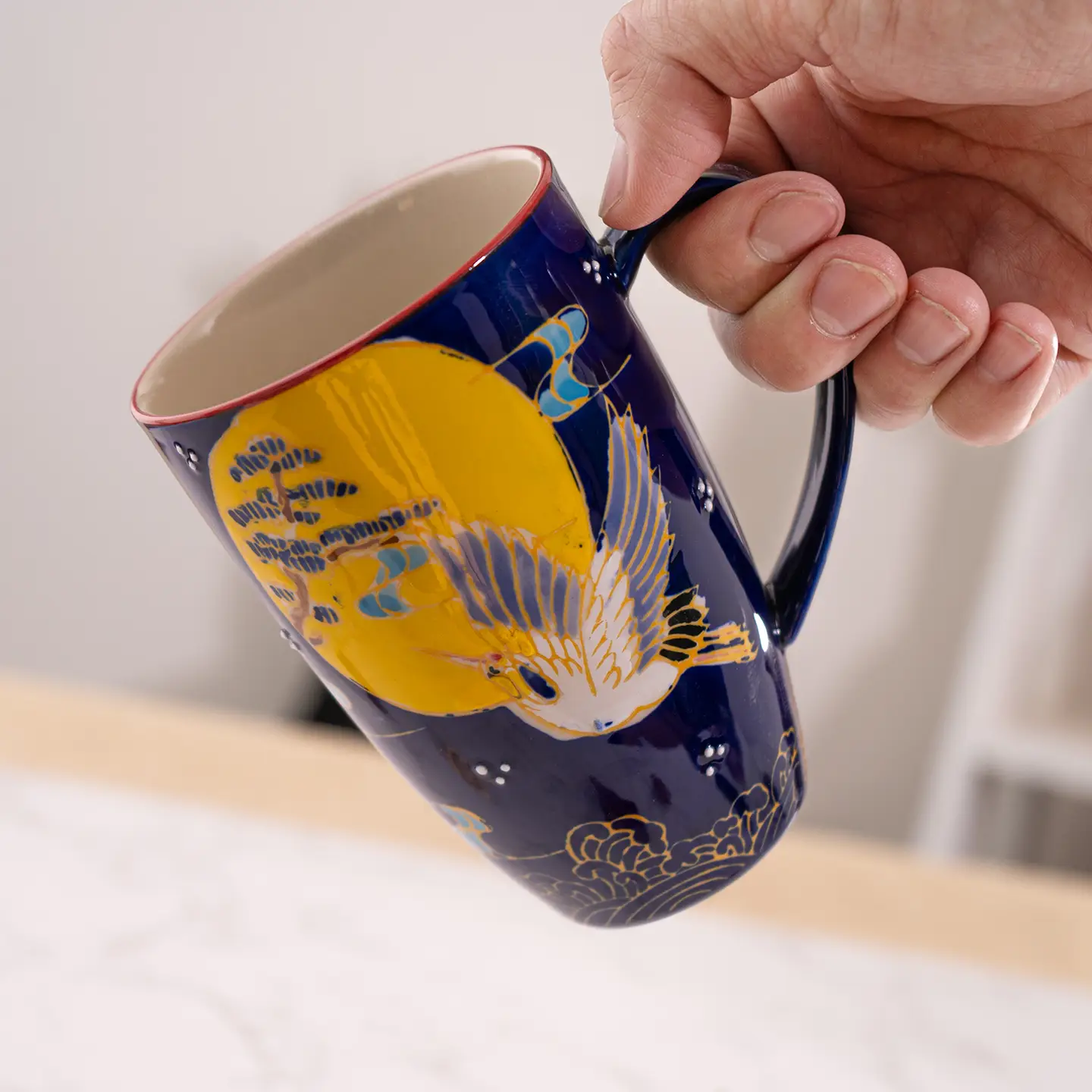 Tea Infuser Mug 15oz Navy Japanese Crane