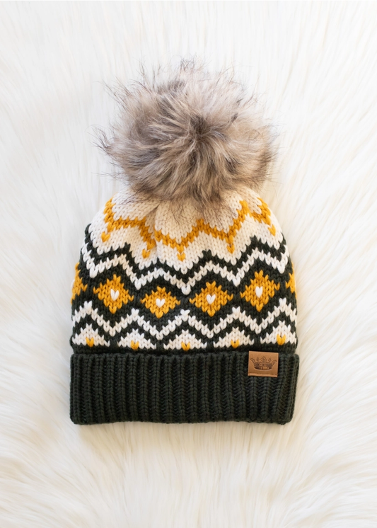 Olive, Cream & Mustard Pom Hat