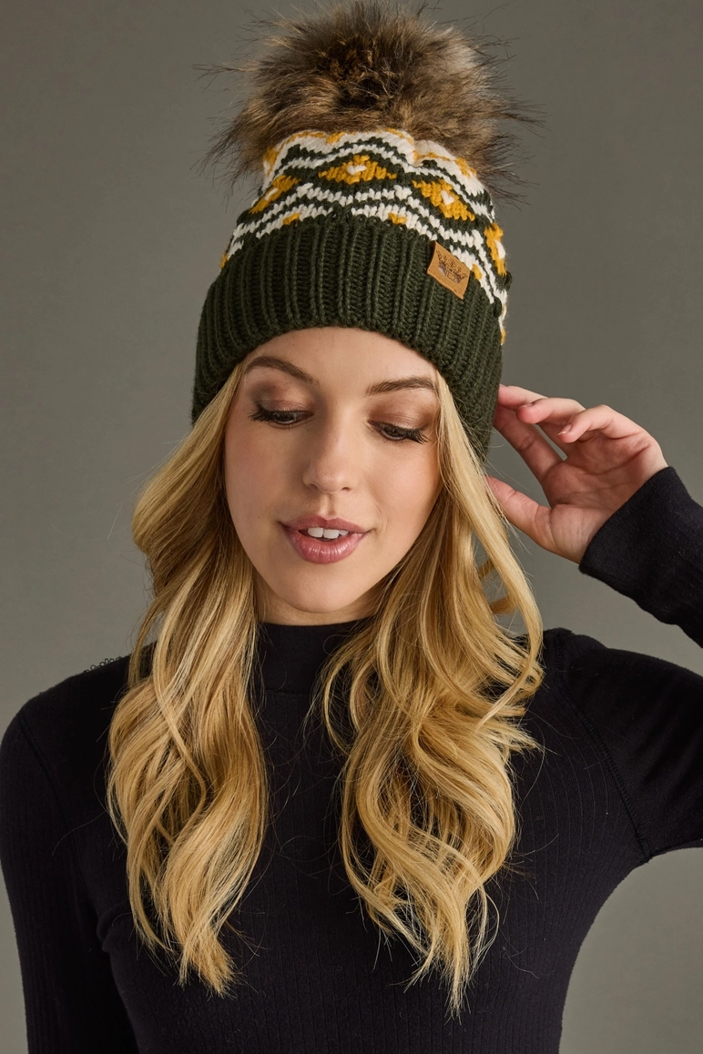Olive, Cream & Mustard Pom Hat