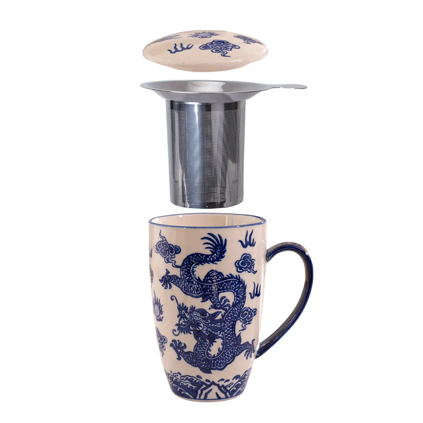 Tea Infuser Mug 15oz Navy Oriental Dragon Design
