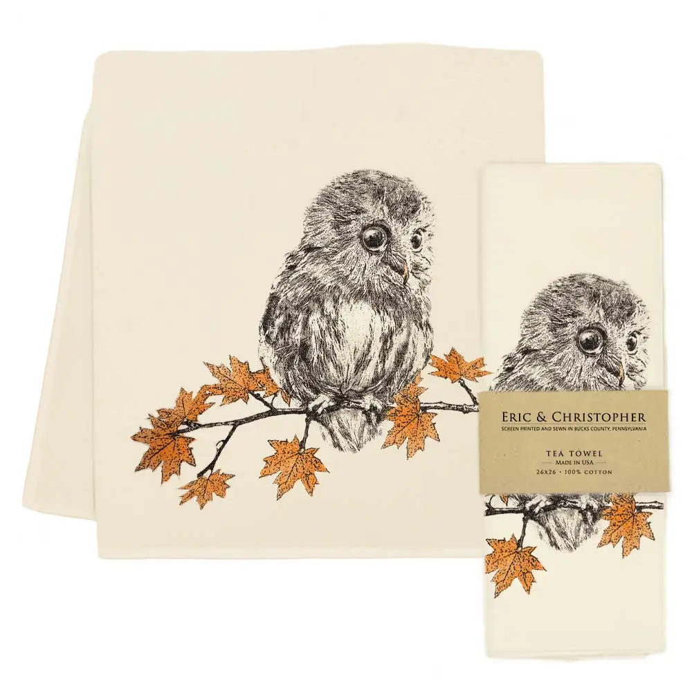 Owls With Leaves Tea Towel
