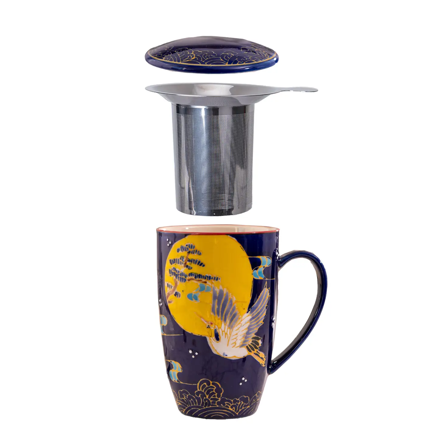 Tea Infuser Mug 15oz Navy Japanese Crane