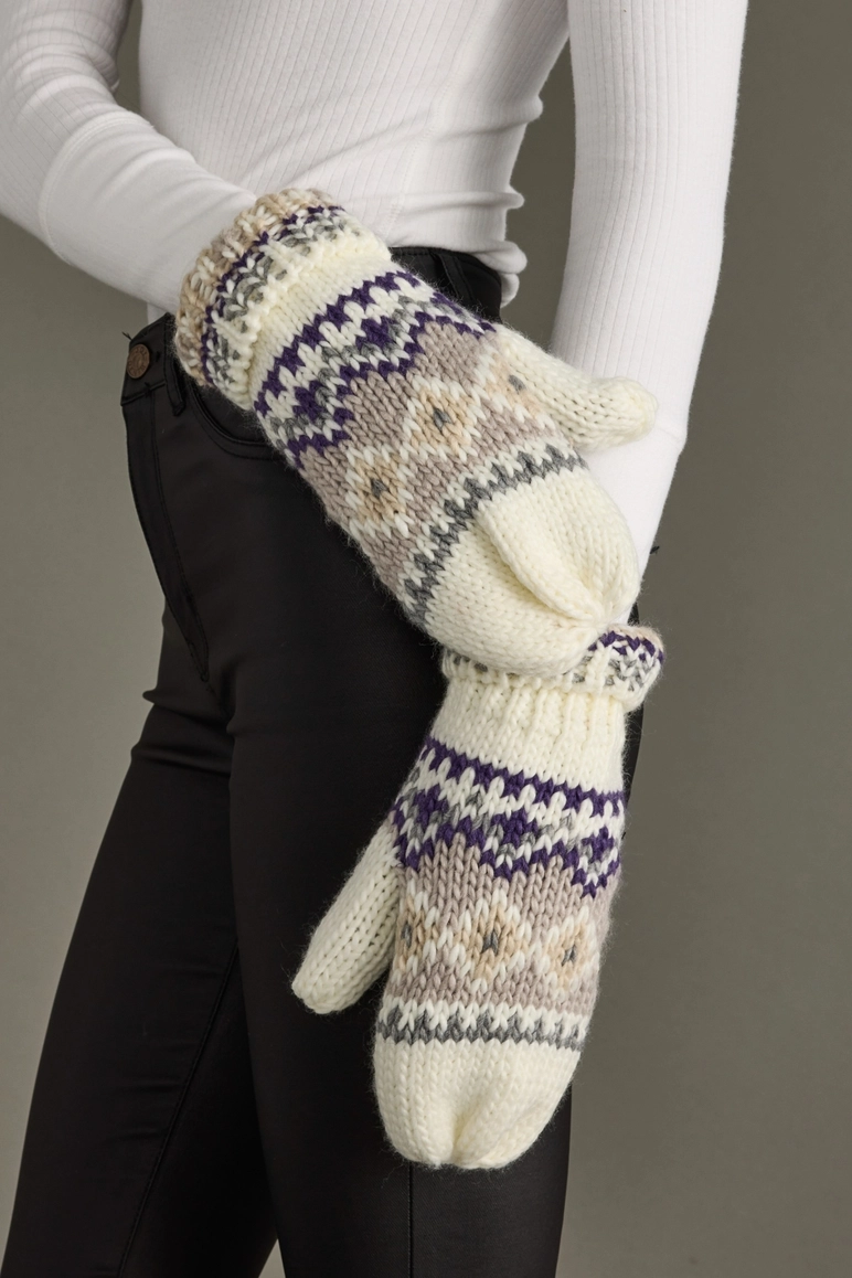 White, Purple & Taupe Patterned Mittens