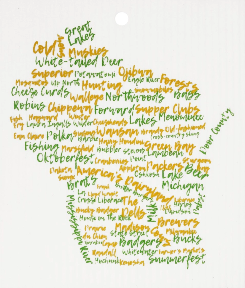 Swedish Dishcloth WI Words-GreenGold