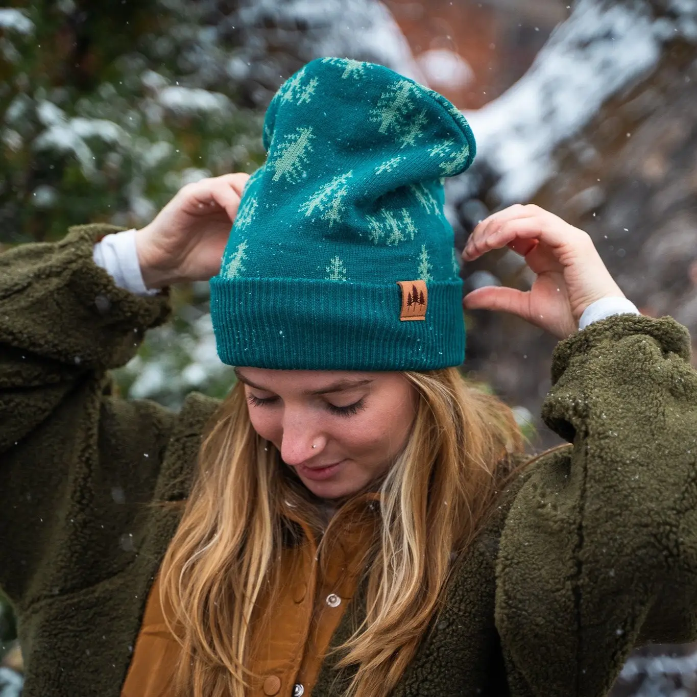 Pine Tree Foldover Beanie - Teal