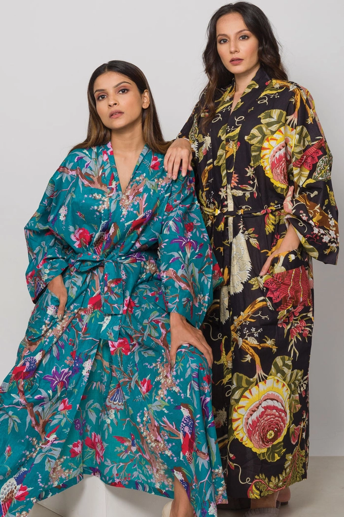 Kimono Robe - Teal & Rose