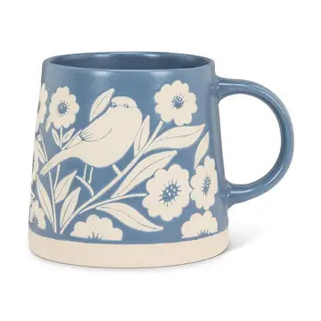 Wide Base Mug with Leaves & Birds Blue