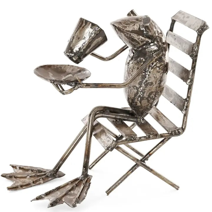 Coffee Sipping Metal Frog Sculpture