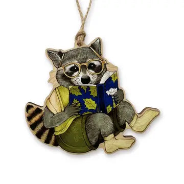 Bookish Raccoon Wood Print Christmas Ornament