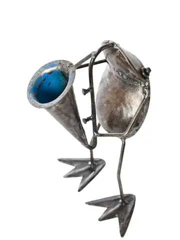 Metal Horn Playing Frog Sculpture
