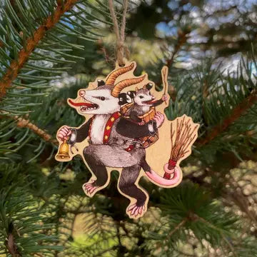 Krampus Opossum Wood Print Christmas Ornament