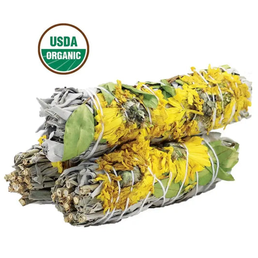 Sunflower Floral White Sage Smudge 4"