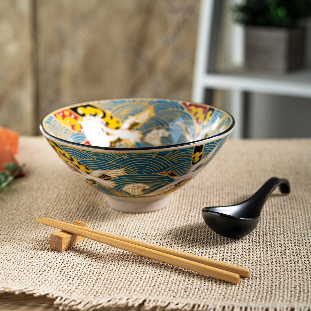 Japanese Crane 24oz Bowl with Chopsticks + Spoon Set