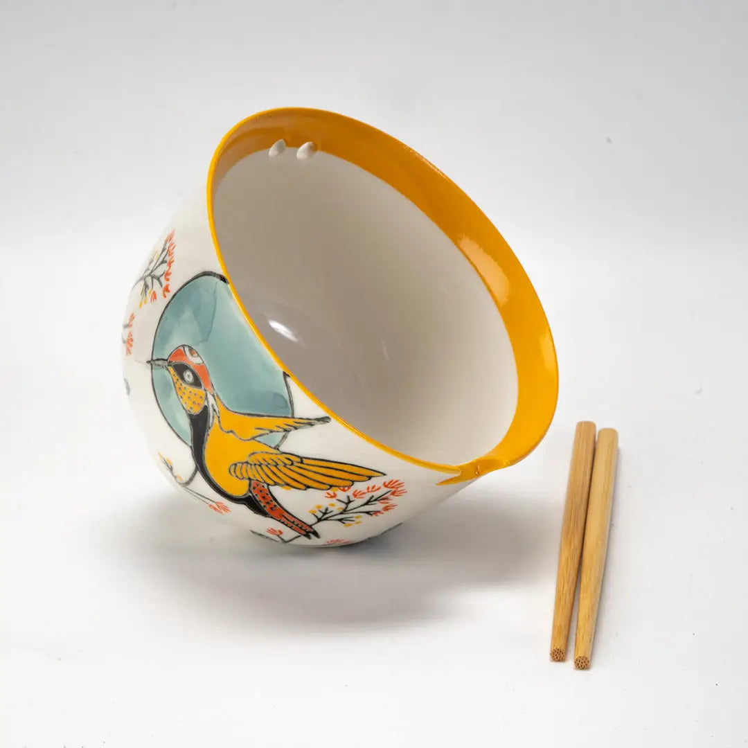 Hummingbird Design Donburi Bowl with Chopsticks Set