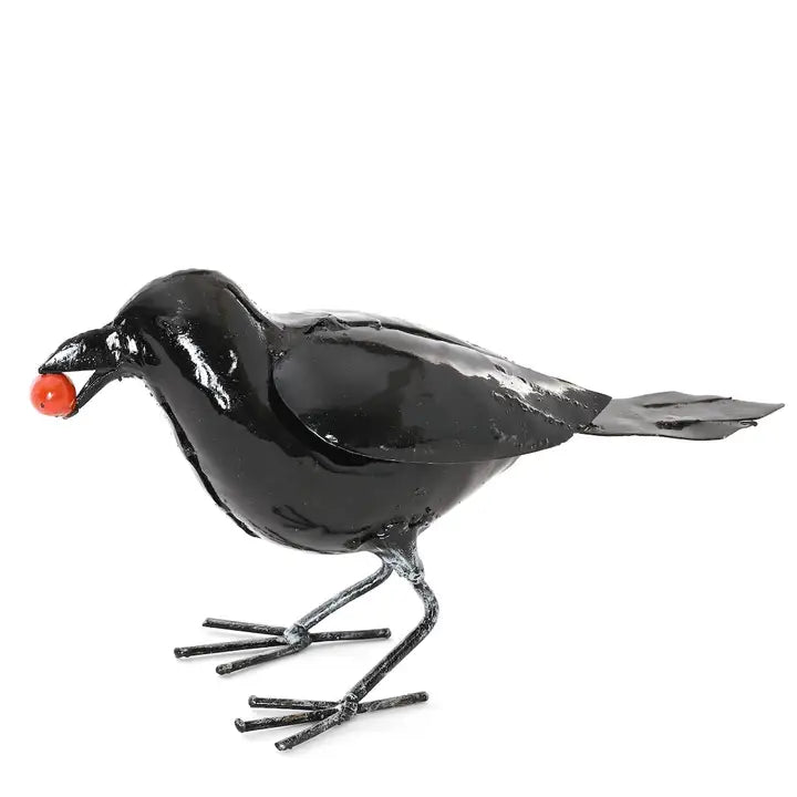 Recycled Metal Crow with Berry Sculpture