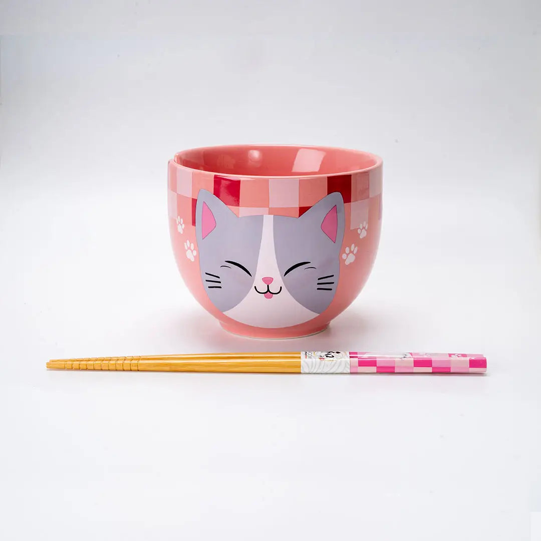 Neko Friends Pink Cat Design Donburi Bowl with Chopsticks Set