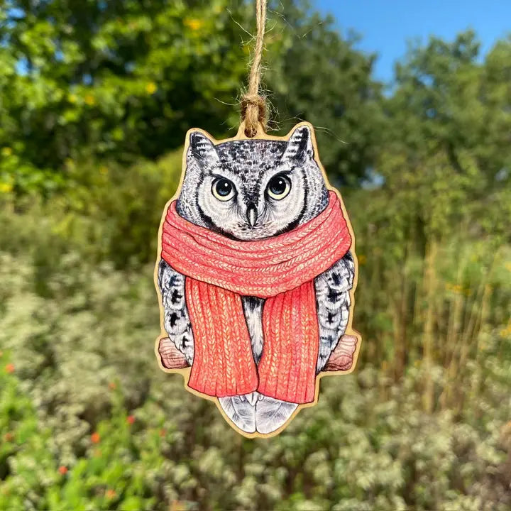 Cozy Barred Owl Wood Print Christmas Ornament