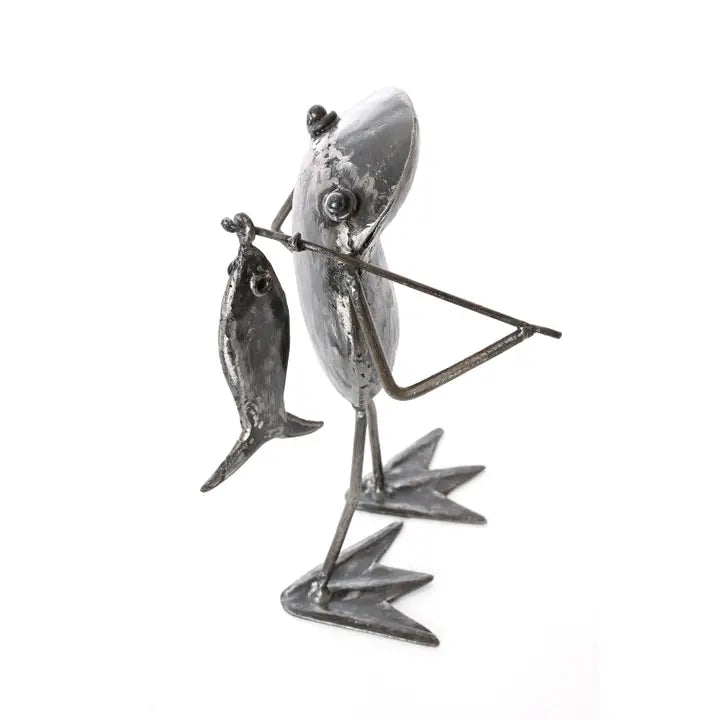 Metal Fishing Frog Sculpture