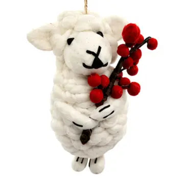 Sheep with Holly Berries Felt Ornament