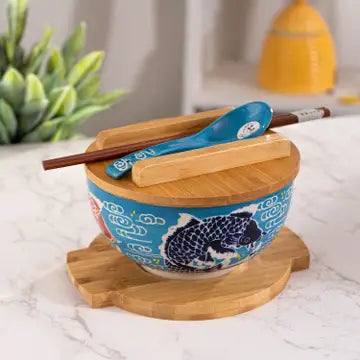 Japan Koi Fish Bowl with Chopsticks, Spoon, Lid & Trivet Set