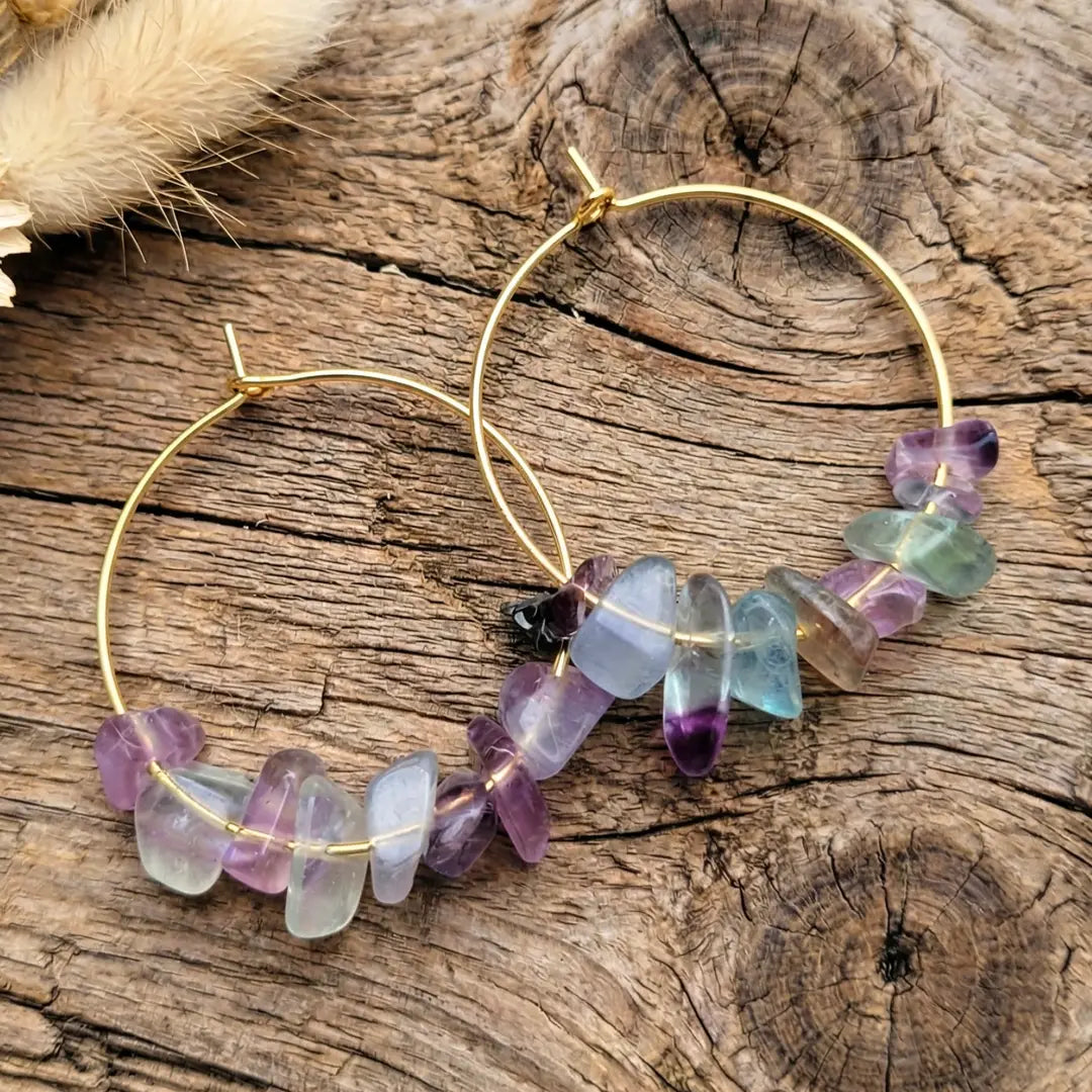 Fluorite Chip Loop Earrings 18k Gold Plated
