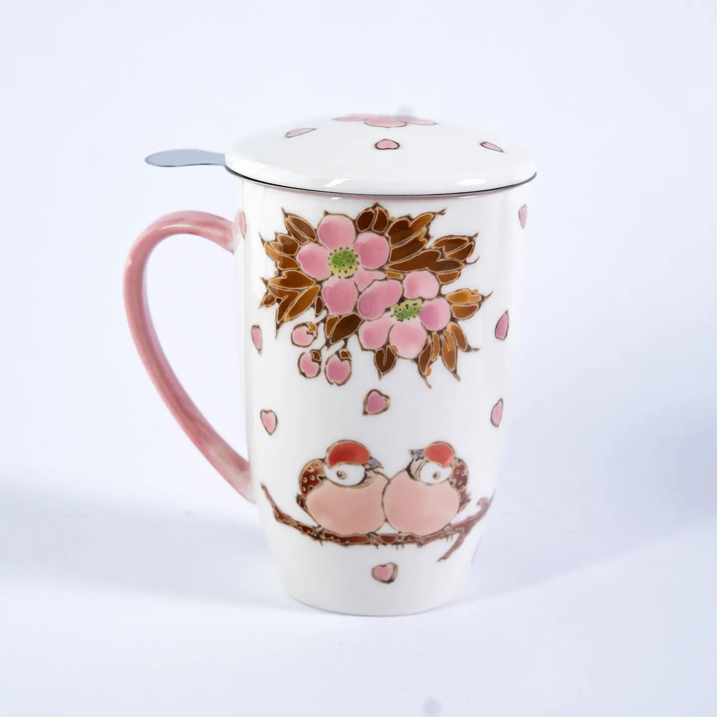 Tea Infuser Mug 15oz Twin Sparrows Cherry Blossoms