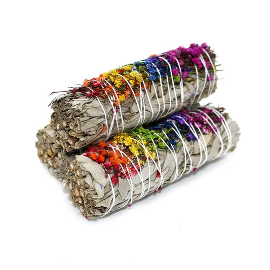 Energy Wheel Rainbow Floral White Sage Smudge 4"