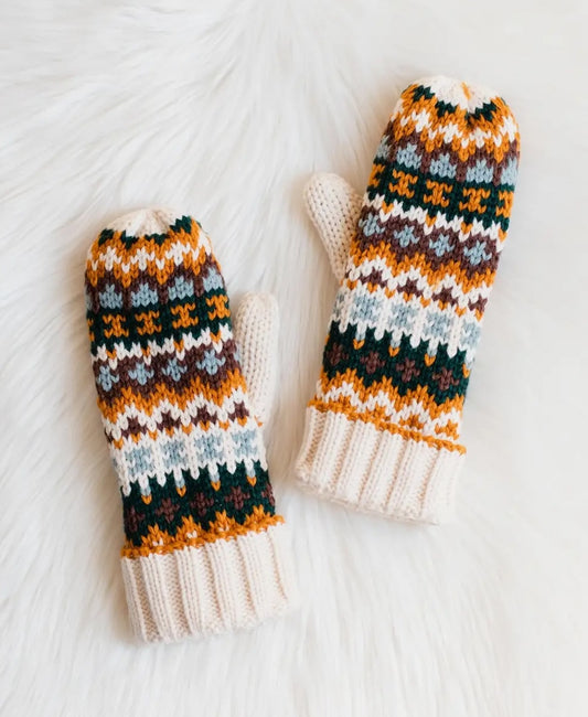 Cream & Multicolored Patterned Mittens