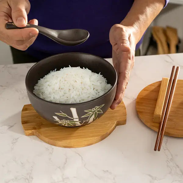 Bamboo Bowl with Chopsticks, Spoon, Lid & Trivet Set
