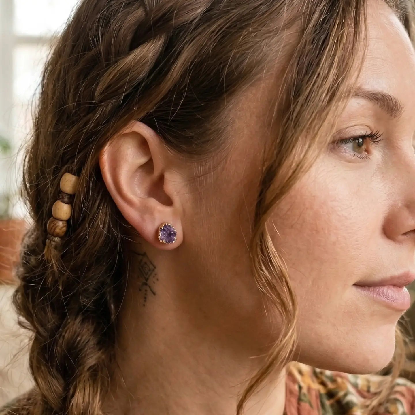 Raw Amethyst Stud Earrings Natural Purple Druzy Stones in Gold Plated Brass