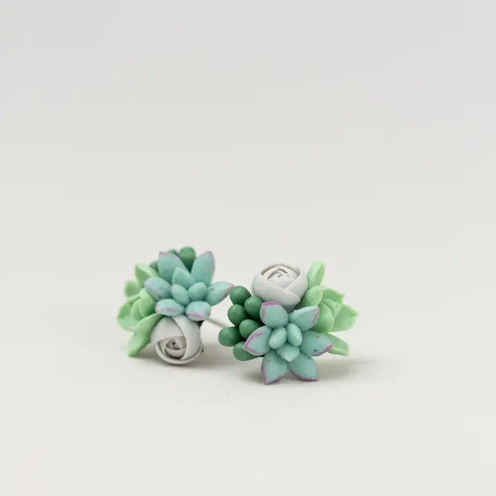 Handmade Succulent and Floral Bouquet Earrings - Blue