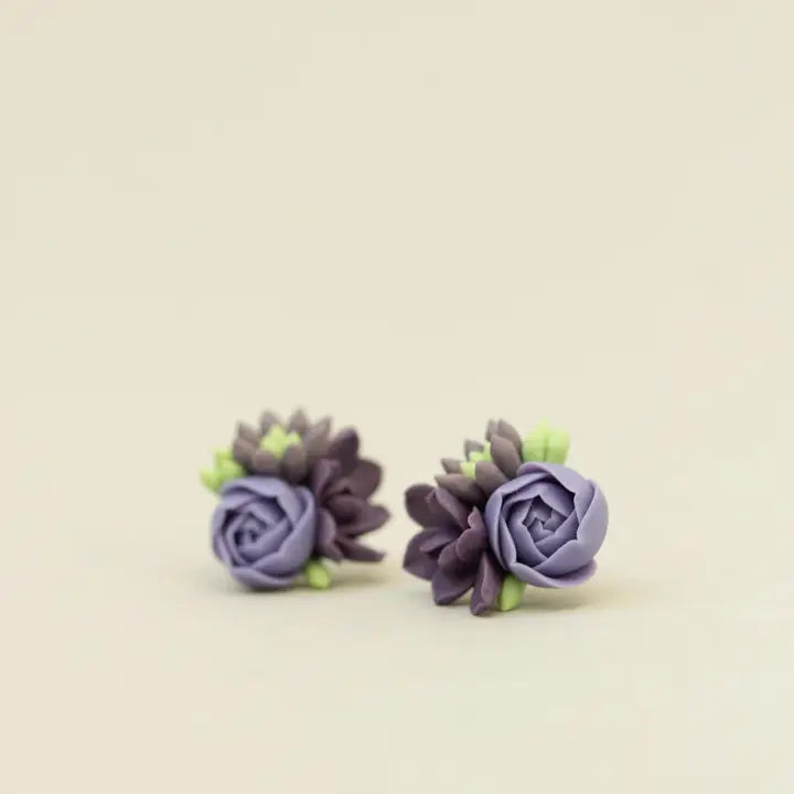 Handmade Succulent and Floral Bouquet Earrings - Purple