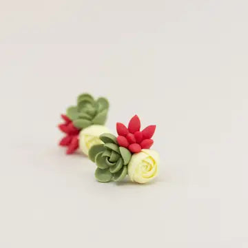 Handmade Succulent and Floral Bouquet Earrings - Red Green