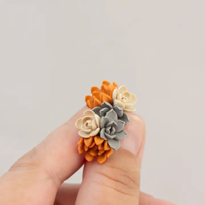 Succulent Stud Earrings - Orange Gray Echeveria Plant