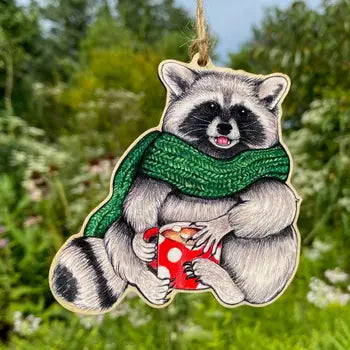 Cozy Raccoon with Mug Wood Print Christmas Ornament