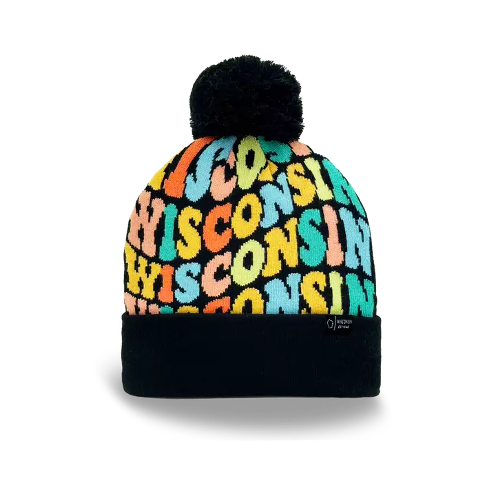 Wisconsin Colorful Beanie with Pom Pom Black