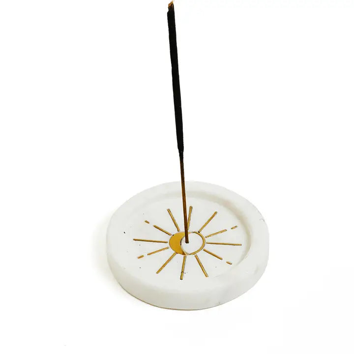 Indukala Round Moon Incense Holder White Carved Marble