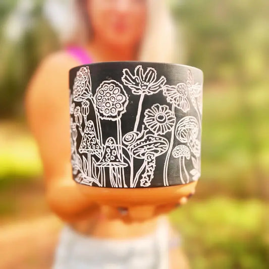 Etched Mushroom Terracotta Planter Black