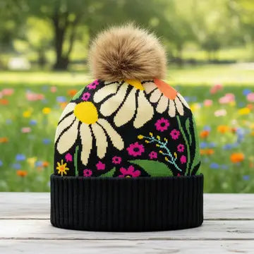 Black Knit Pom Beanie Daisy Floral