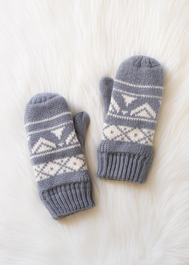 Grey & Cream Patterned Mittens
