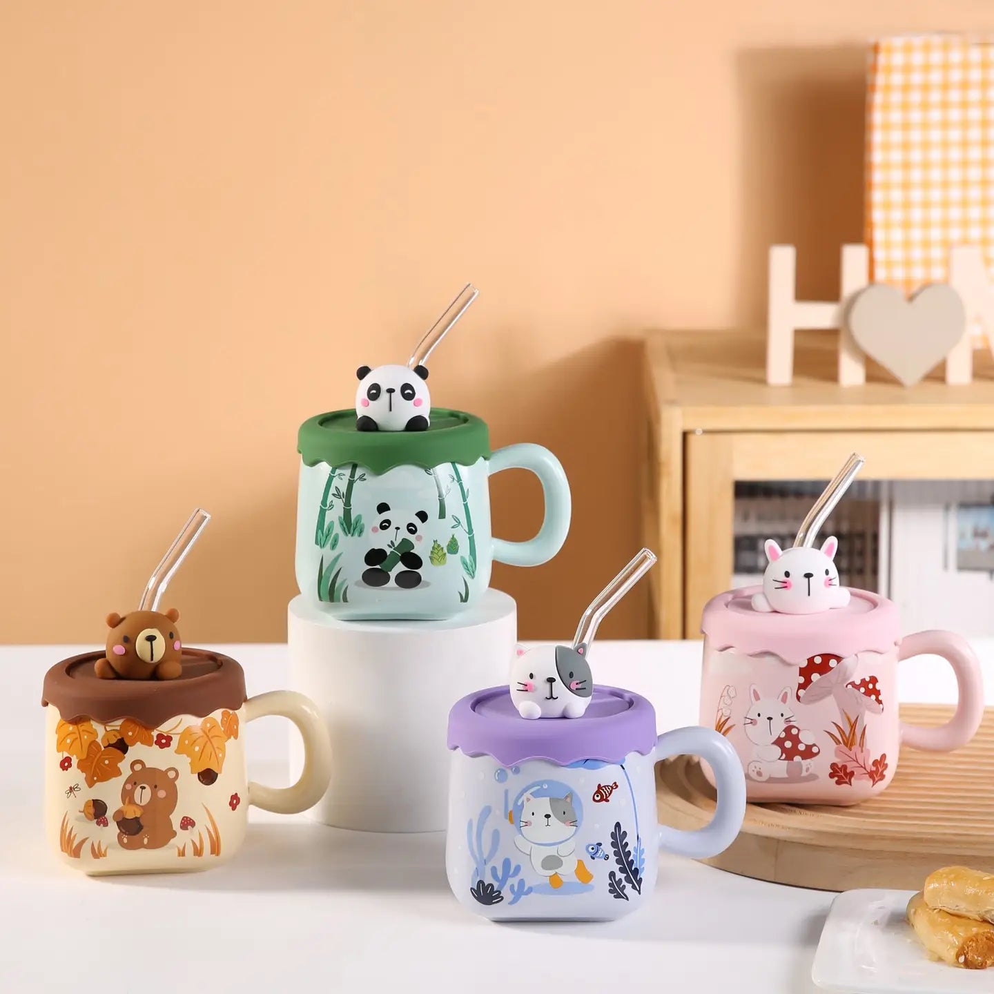 Cute Animal Mug w/ Lid + Straw