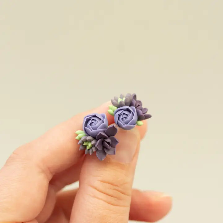 Handmade Succulent and Floral Bouquet Earrings - Purple