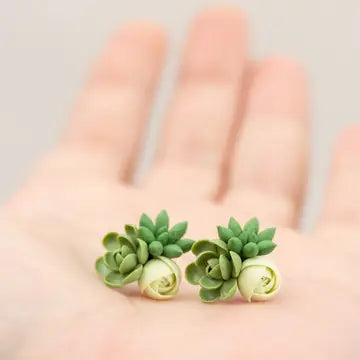 Handmade Succulent and Floral Bouquet Earrings - Green