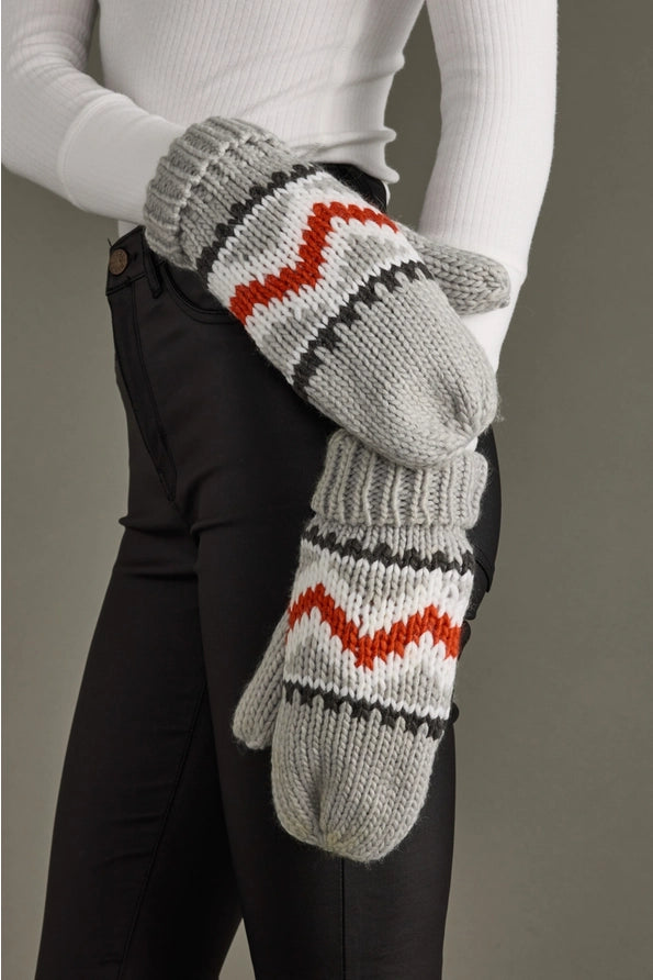 Grey, Red & White Patterned Mittens