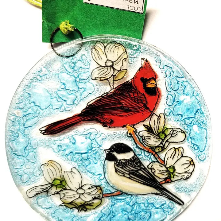 Glass Ornament - Cardinal with Chickadee