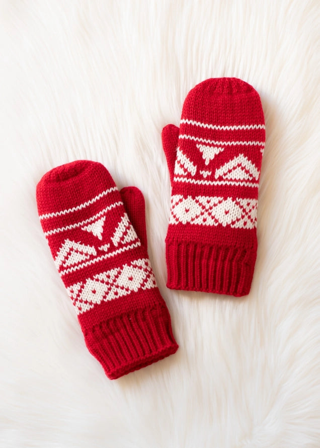 Red & Cream Patterned Mittens